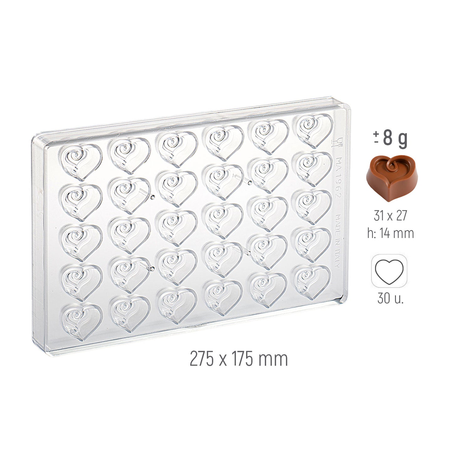 MOULE POLYCARBONATE PRALINES COEUR AVEC FRISURE 31X27XH14MM | 30U