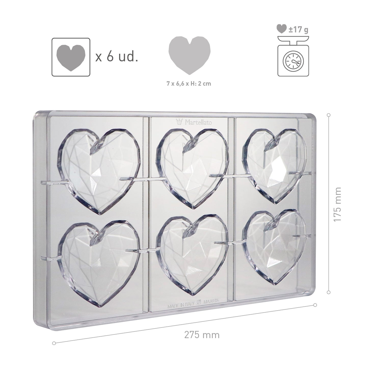 MOLDE POLICARBONATO CORAZÓN DIAMANTE 70X66 H 20MM | 6PZS