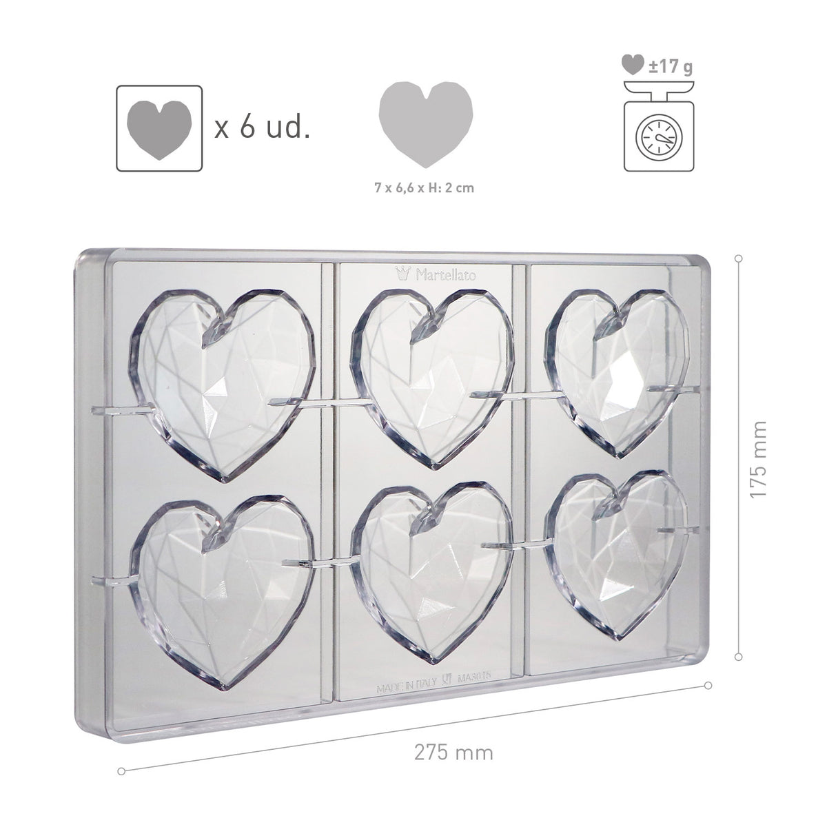 MOULE EN POLYCARBONATE COEUR DIAMANT 70 X 66 H 20 MM | 6 PCS
