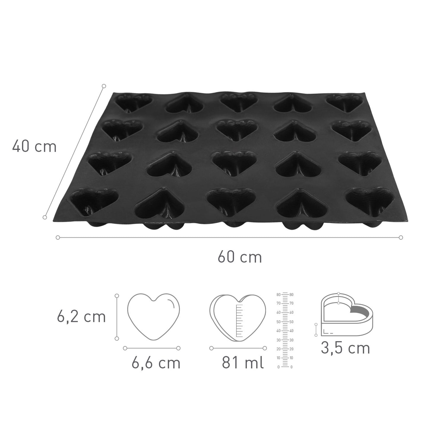 MOLDE FLEXIPAN 20 FORMAS CORAZÓN 66X62MM H35MM 60X40CM
