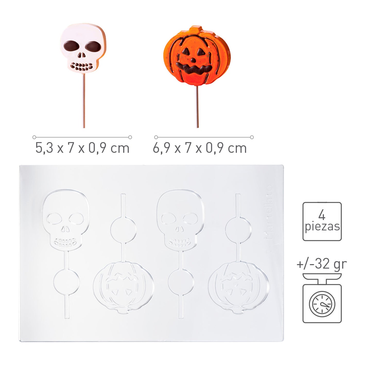 KIT 2 MOLDES PLÁSTICOS PIRULITOS CHOCOLATE HALLOWEEN 8 PEÇAS