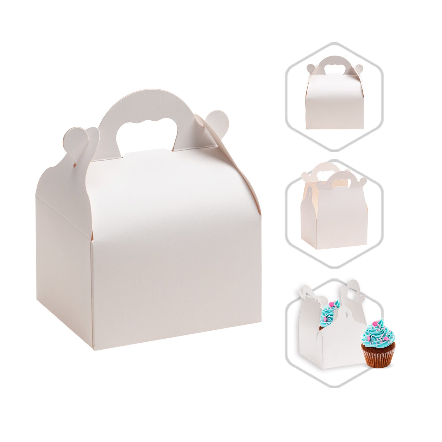 CAIXA DE PASTELARIA DE CARTÃO BRANCA COM PEGAS 10X12X7CM