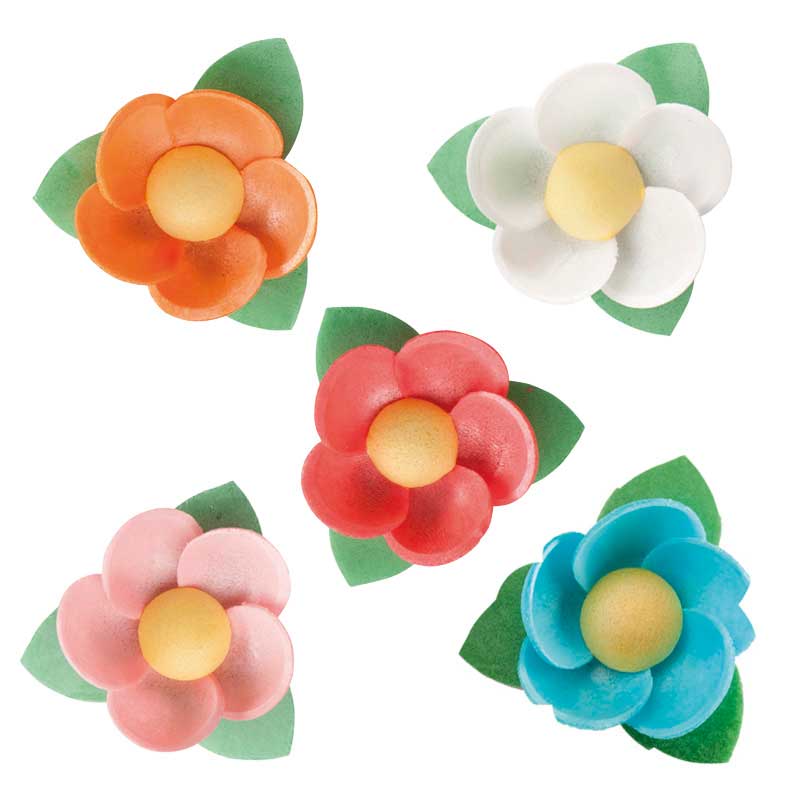 WAFER FLOWERS WITH LEAVE ASSORTED COLORS 4,5 CM