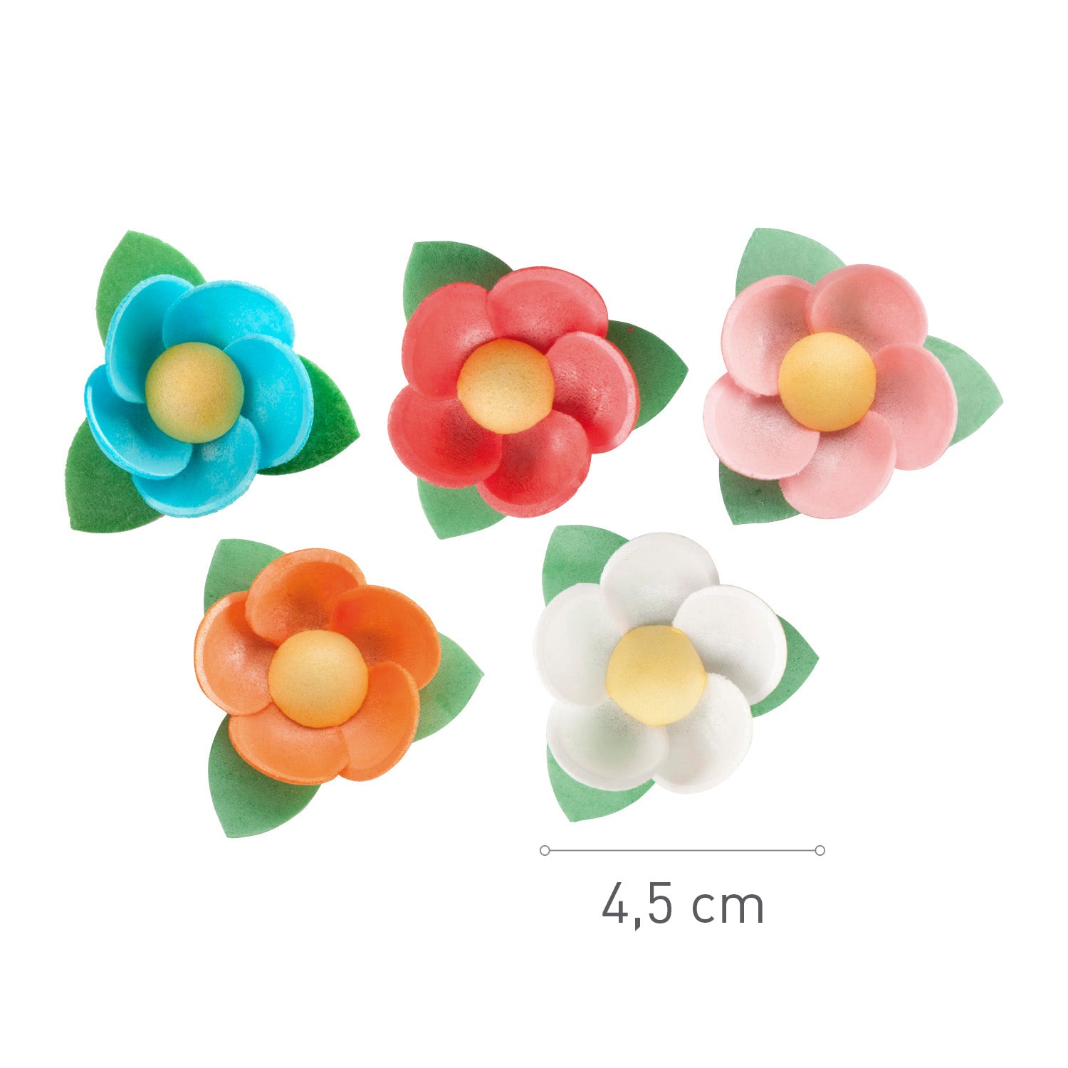 WAFER FLOWERS WITH LEAVE ASSORTED COLORS 4,5 CM