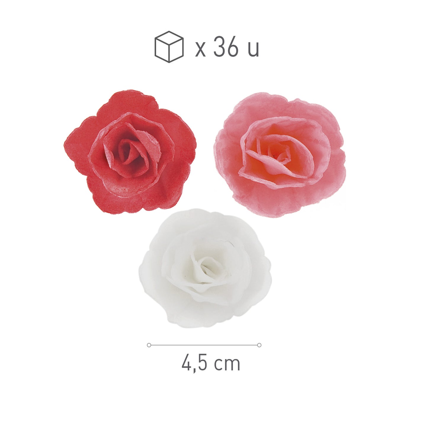 36 ROSAS DE OBLEA ROSA, ROJO Y BLANCO SURTIDAS 4,5 CM