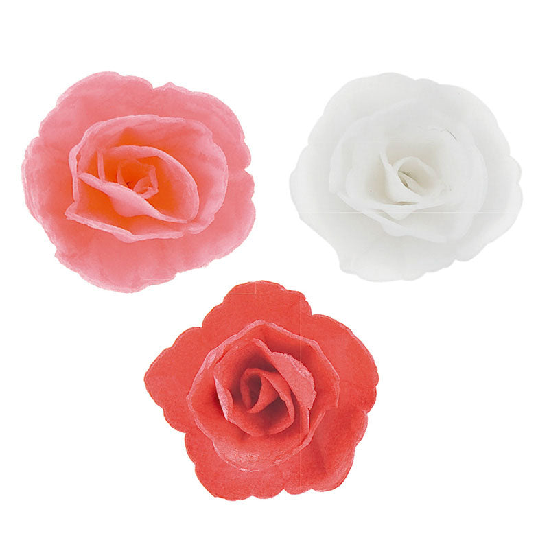 SCATOLA DI 36 ROSE DI WAFER 3 COLORI ASSORTITI Ø 4,5 CM