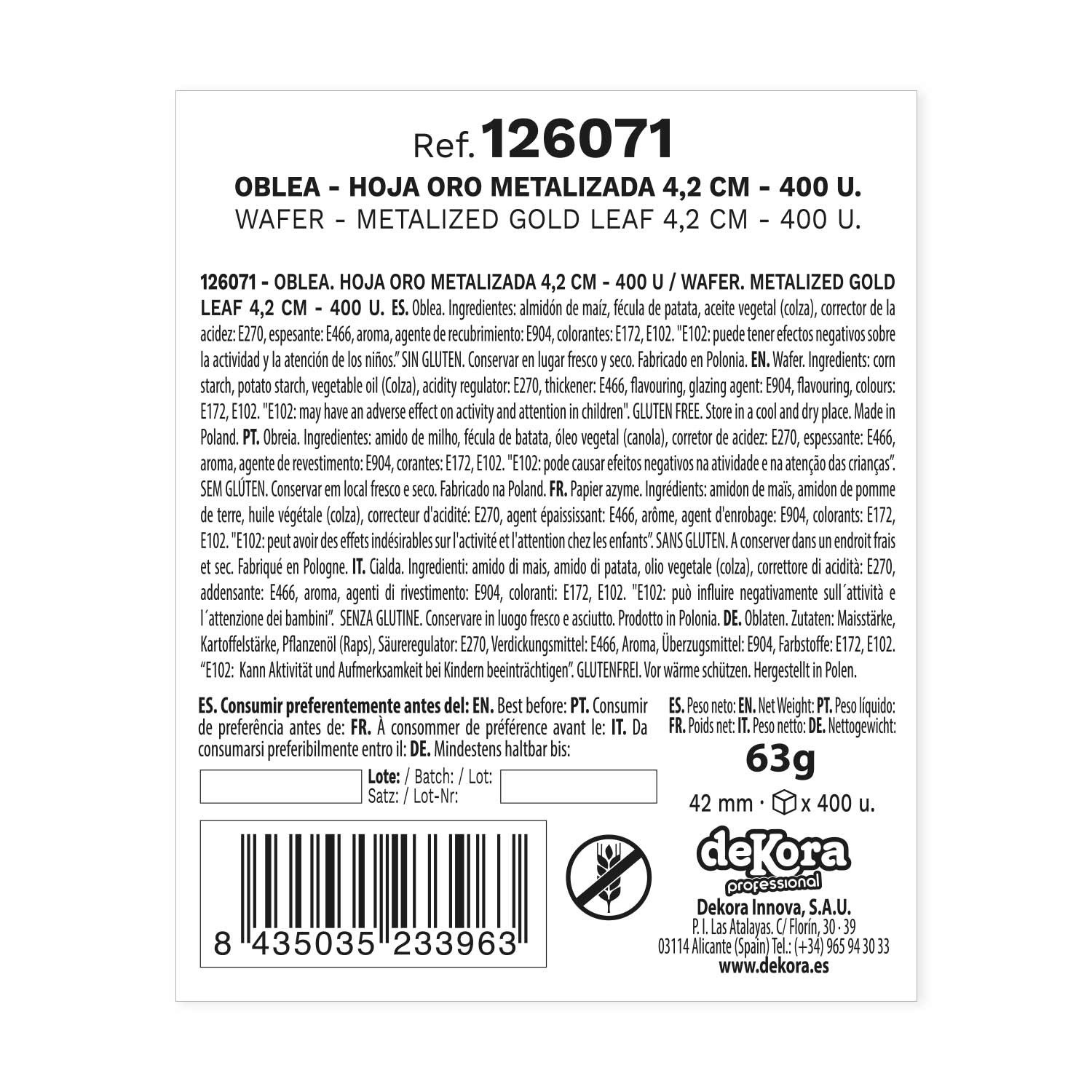 400 HOJAS DE OBLEA ORO METALIZADA  4,2 CM