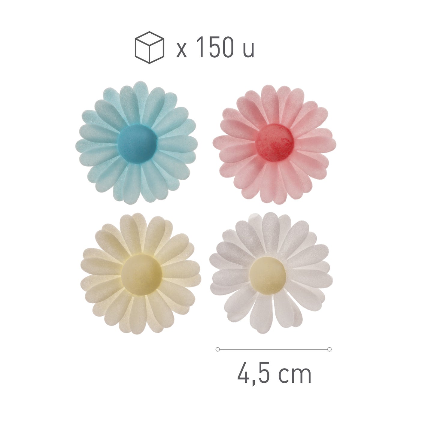 150 FLORES OBLEA MARGARITAS COLORES SURTIDOS 4,5 CM