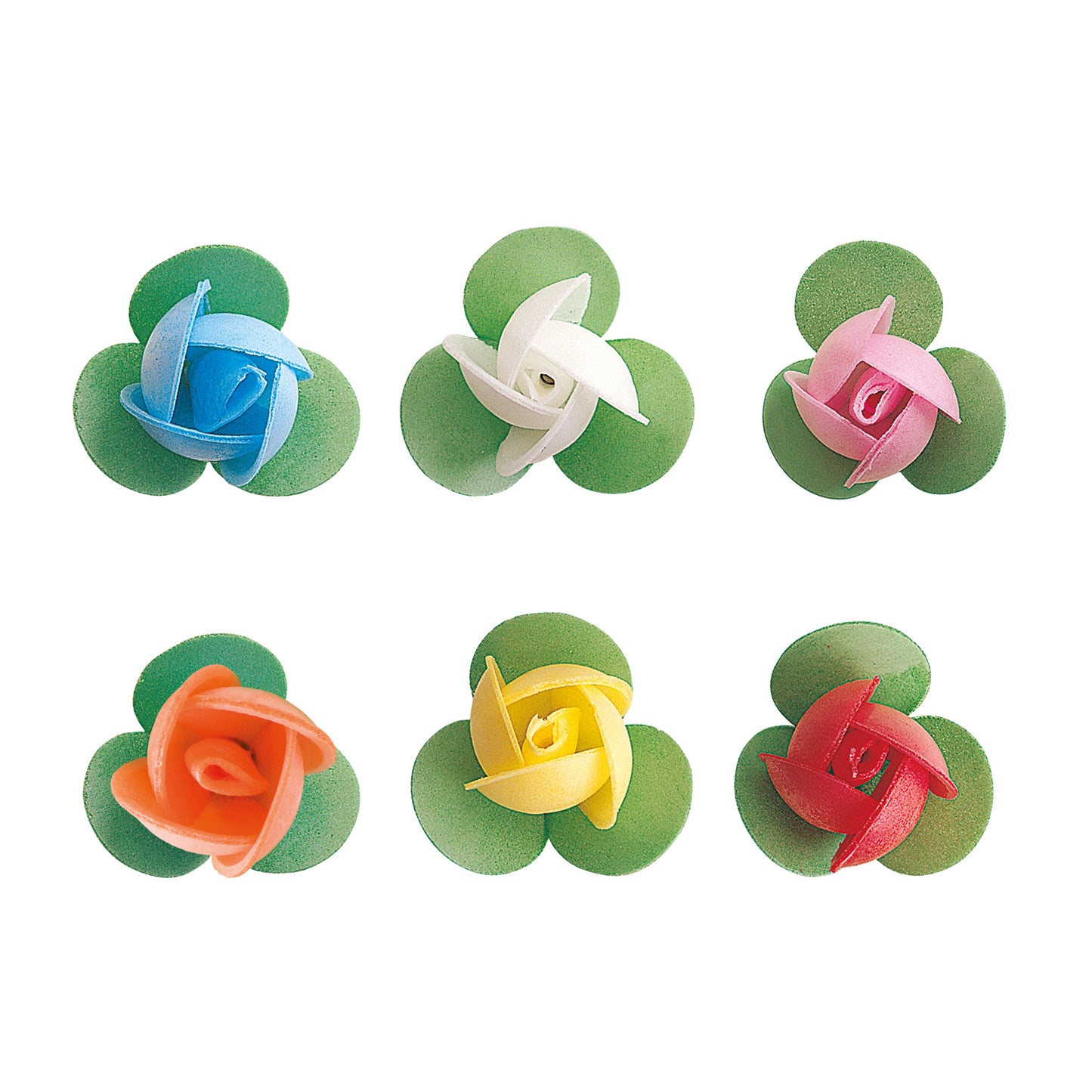 150 WAFER ROSES WITH LEAVE ASSORTED COLOURS 3 CM
