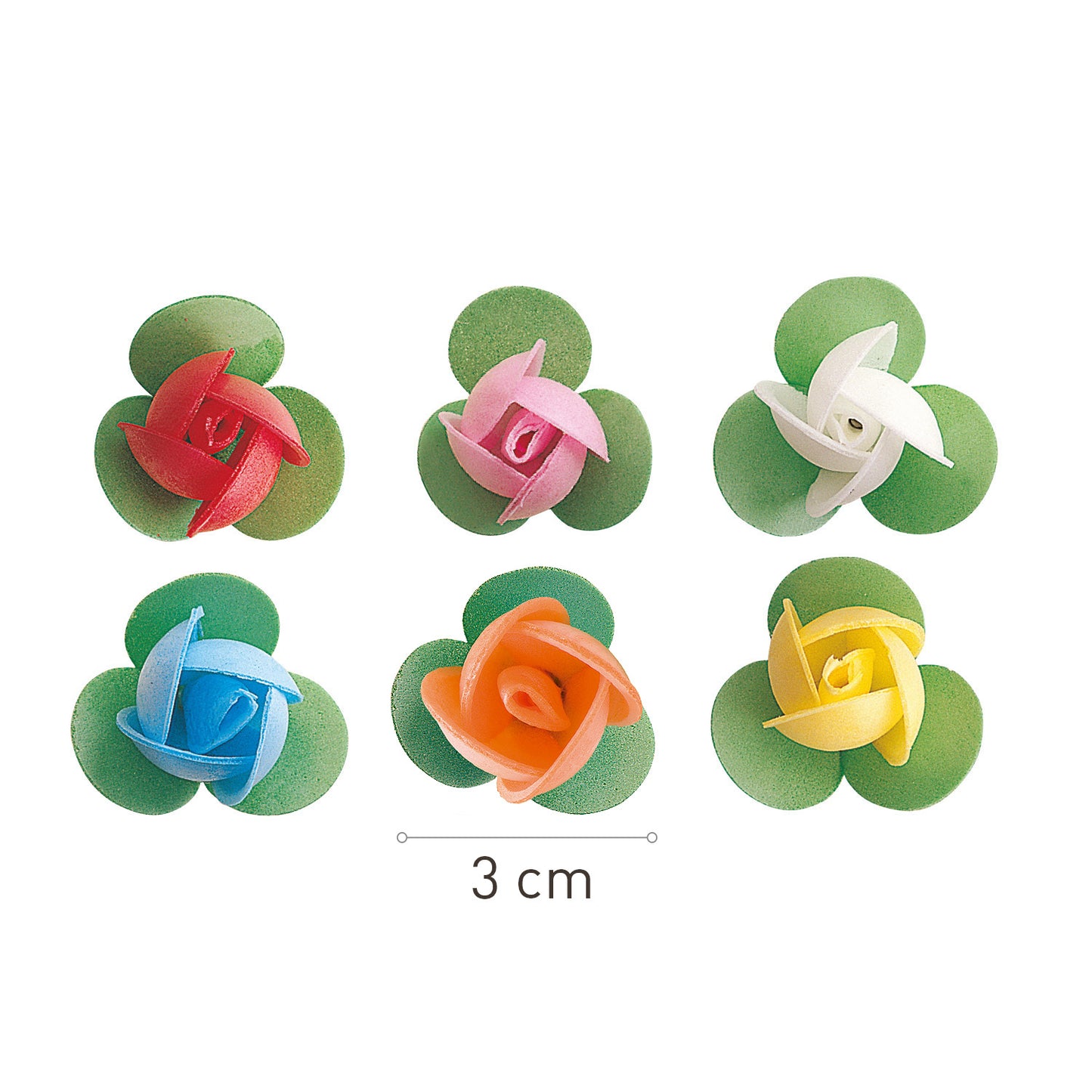 150 WAFER ROSES WITH LEAVE ASSORTED COLOURS 3 CM