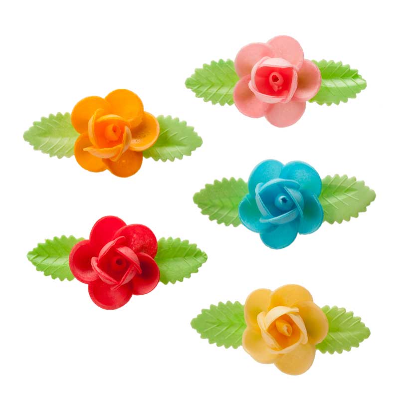 ROSES GRANDES EN AZYME AVEC 2 FEUILLES COULEURS ASSORTIES 8,5 CM