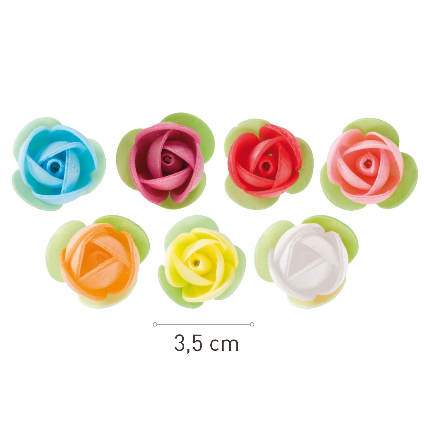 140 ROSES EN AZYME FEUILLE VERT COULEURS ASSORTIES 3,5 CM