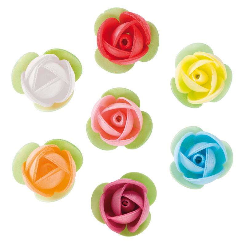 140 ROSES EN AZYME FEUILLE VERT COULEURS ASSORTIES 3,5 CM