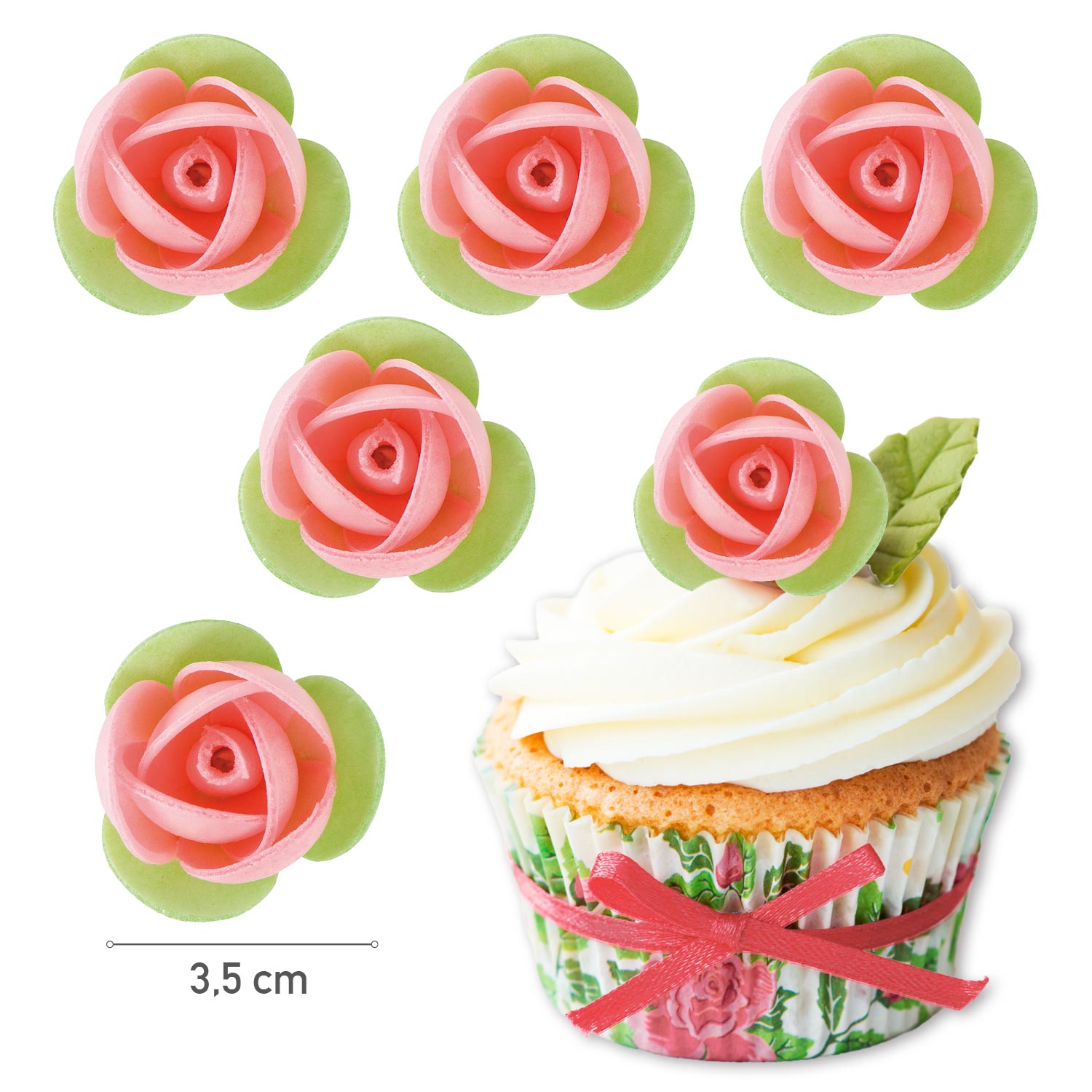 140 WAFER PINK ROSES GREEN LEAF 3,5 CM