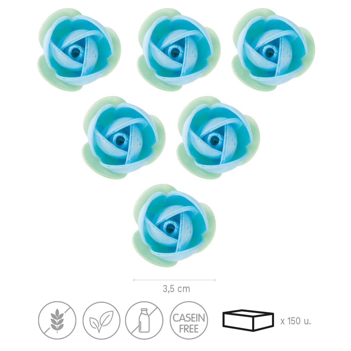 ROSE AZYME BLEUE AVEC FEUILLE VERT 3,5CM