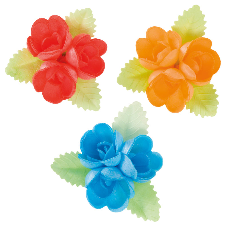 30 WAFER ASSORTED FLOWERS GREEN LEAVES 6,5 x 6,5 CM