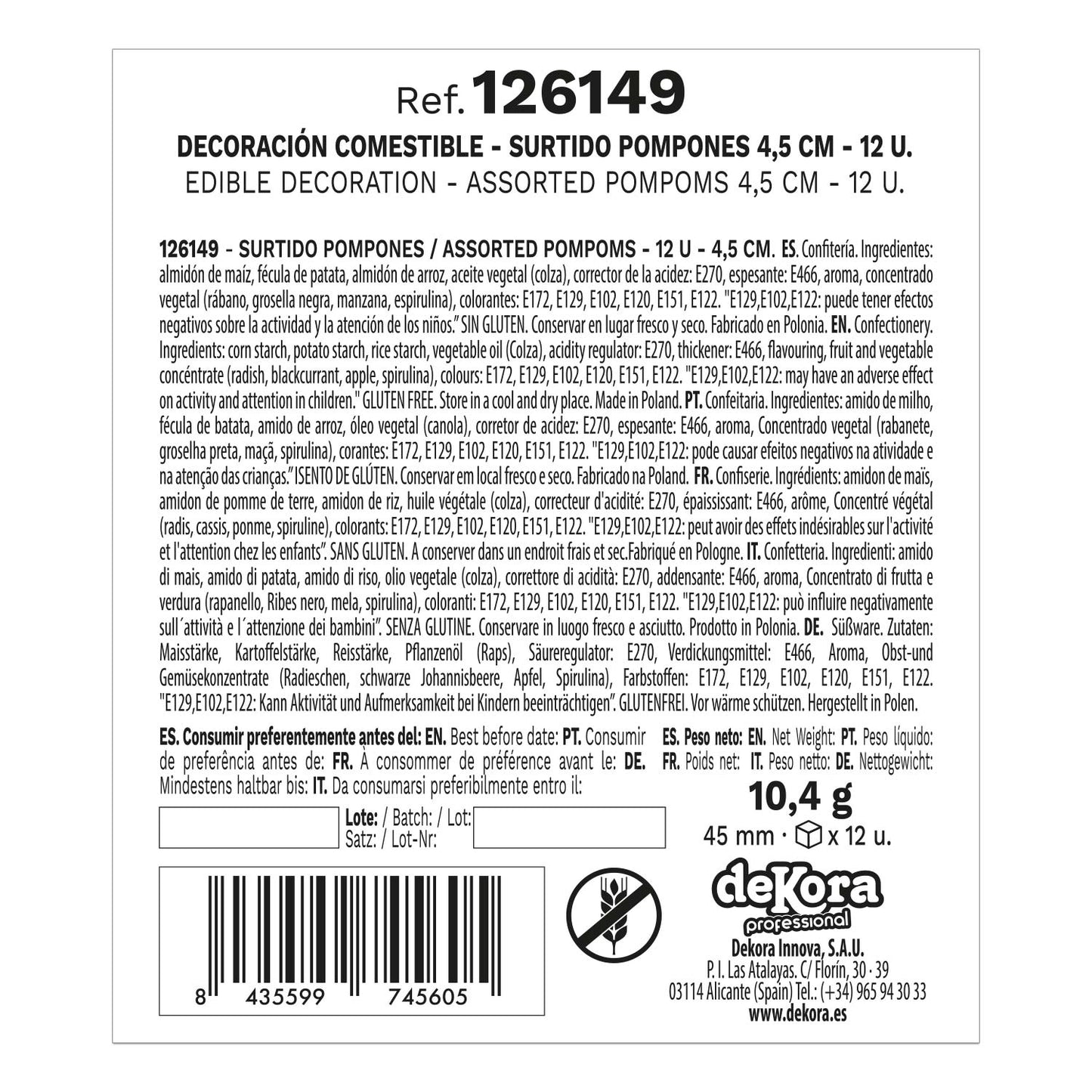 POMPONS EN AZYME ASSORTIMENT COULEURS Ø 4,5CM