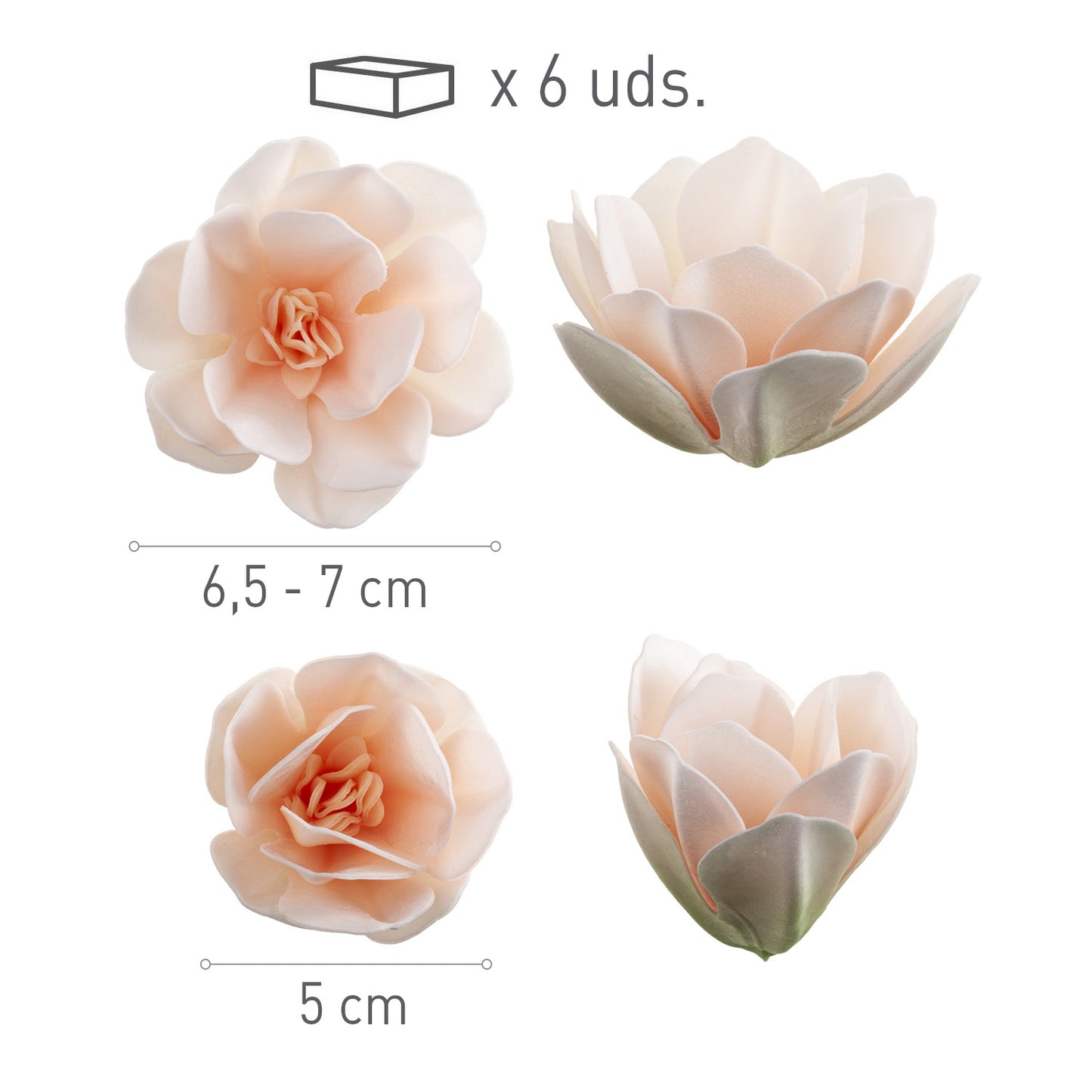 6 MAGNOLIAS DE OBLEA COLOR BLANCO DE 6.5-7CM Y 5CM