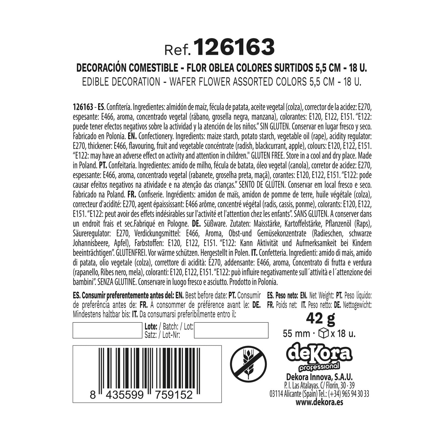 CAIXA DE 18 FLORES DE WAFER CORES SORTIDAS Ø 5,5CM