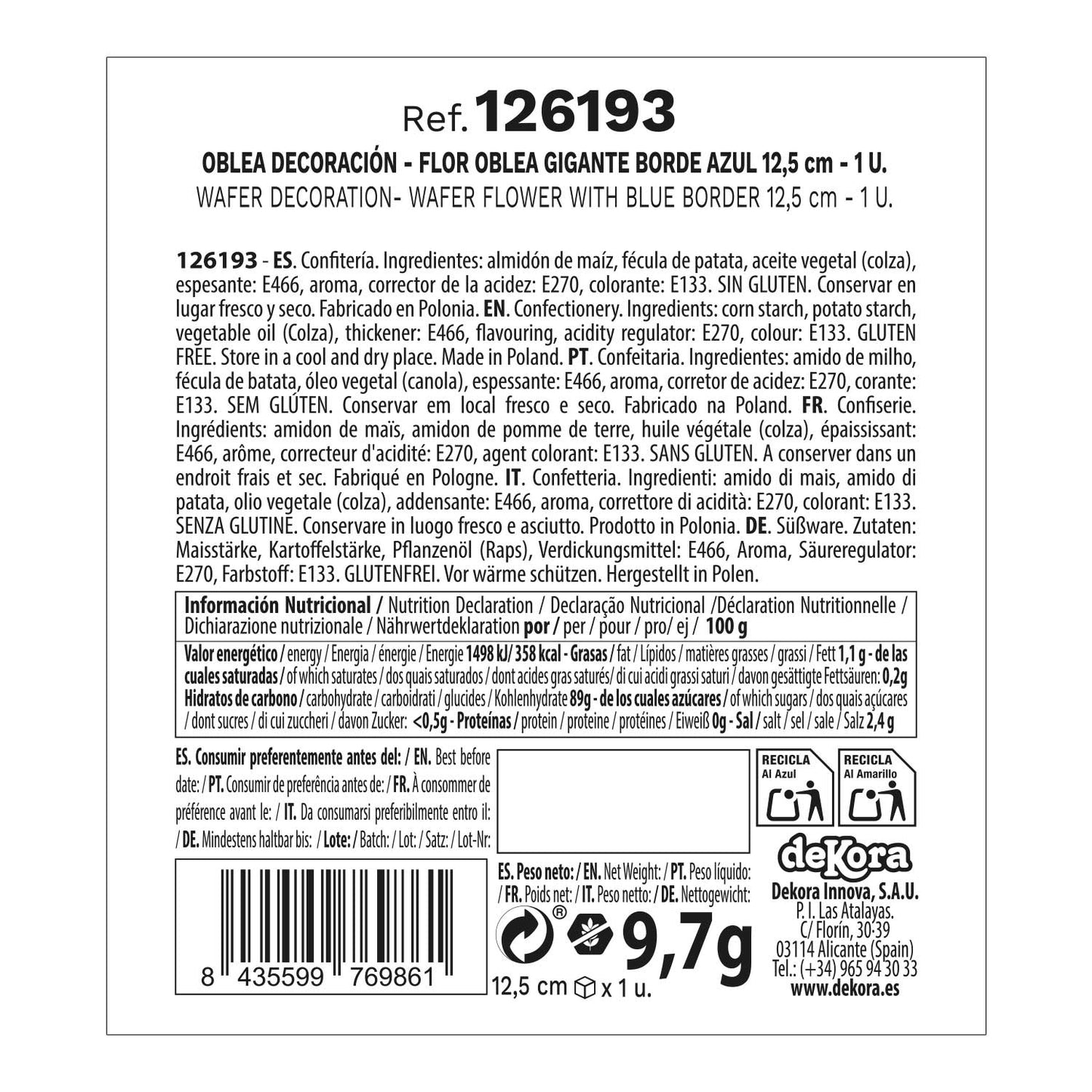 WAFER FLOWER WITH BLUE BORDER 12,5CM