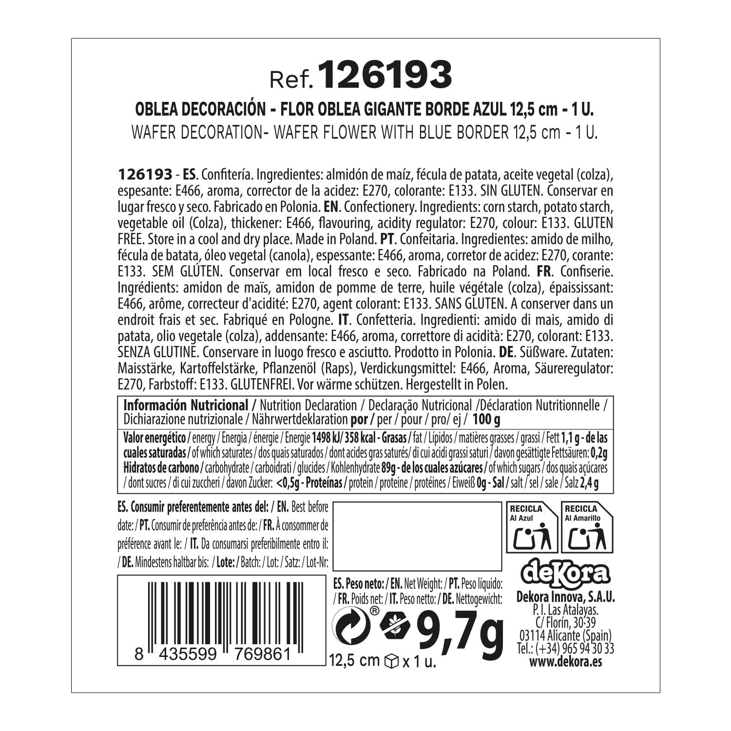 FLEUR EN AZYME AVEC BORDURE BLEUE 12,5CM