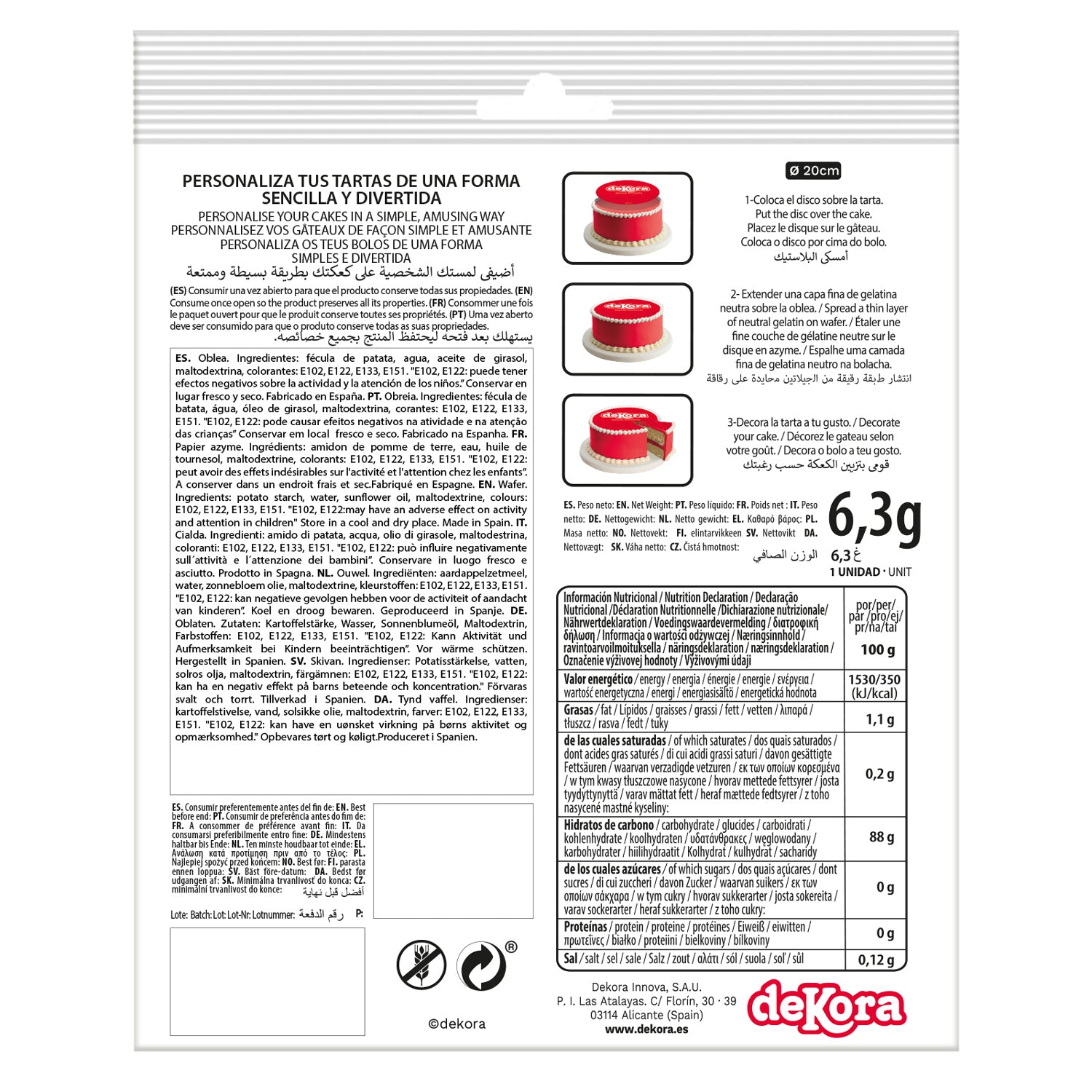 6 DISQUES EN AZYME DÉCO GÂTEAUX DINOSAURE 20 CM