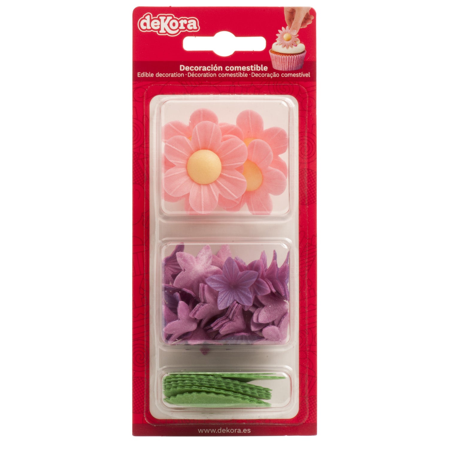 BLISTER DÉCORATION GÂTEAUX AZYME 5 FLUERS, 25 MINIFLEURS & 8 FEUILLES