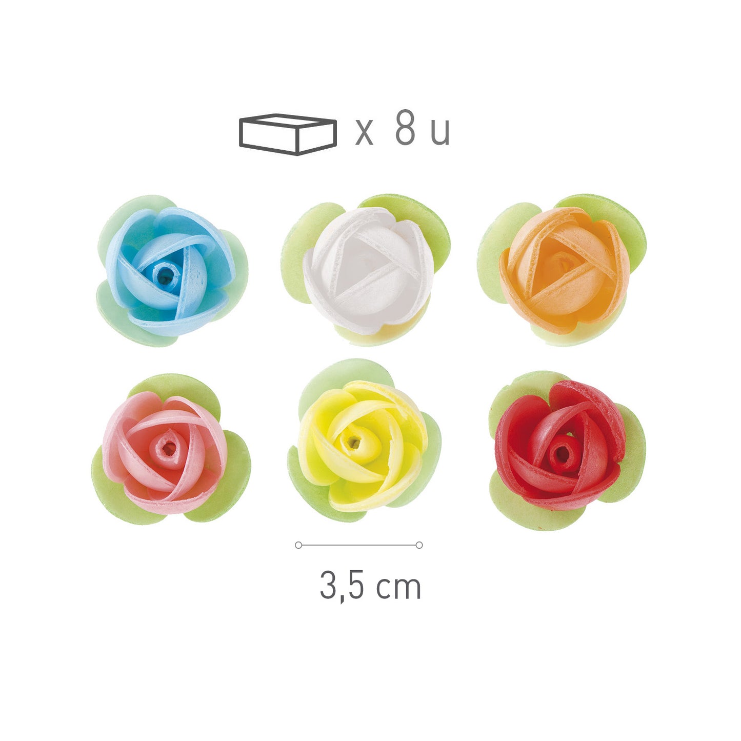 8 COLOURED WAFER ROSES WITH LEAF 3,5CM