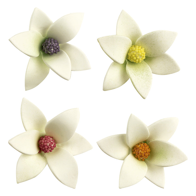 48 FLORES DE AZÚCAR BLANCAS CON CENTRO DE COLOR 6 x 2,5 CM
