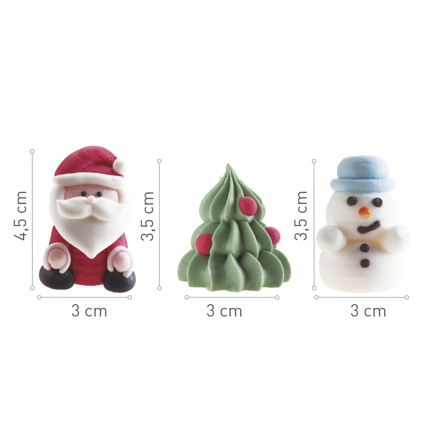DECORATION SUCRE 3D PAPA NOEL, SAPIN ET BONHOMME DE NEIGE 3~4.5CM