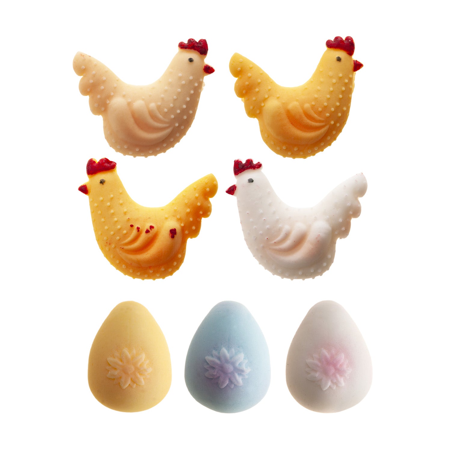 DECORACTION EN SUCRE POULES ET OEUFS 3 COULEURS