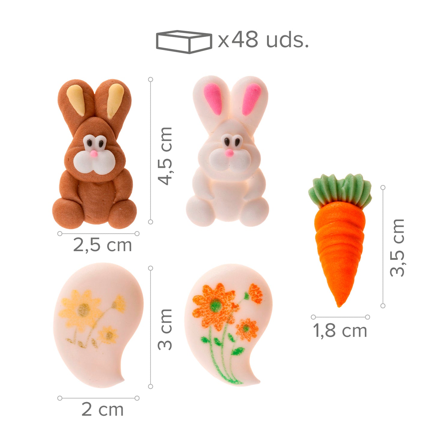 DÉCORATION EN SUCRE 2D DE LAPIN, CAROTTES ET FLEURS DE PÂQUES