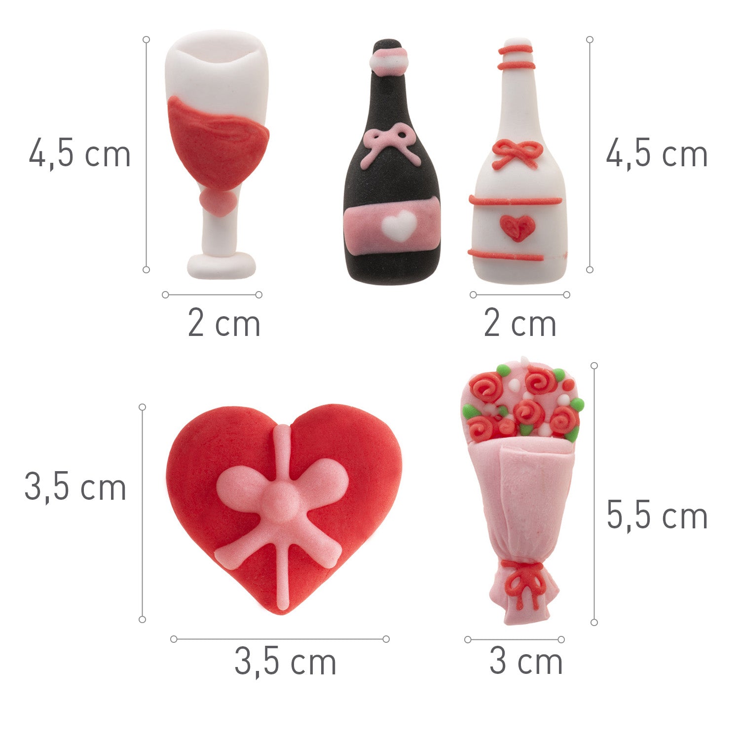 DÉCORATION ROMANTIQUE EN SUCRE 2D ASSORTIE 5 MOTIFS