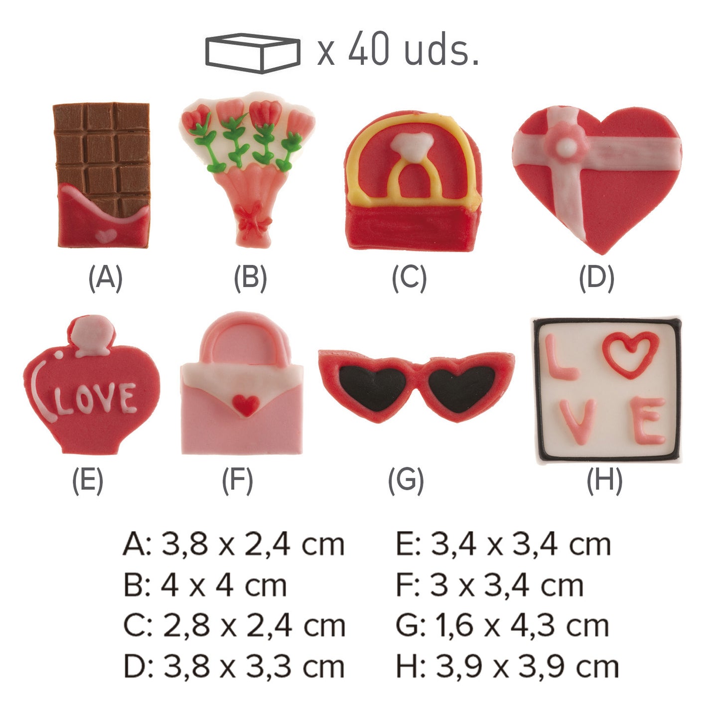 DÉCORATION EN SUCRE 2D POUR LA VALENTIN 8 MOTIFS 40 U