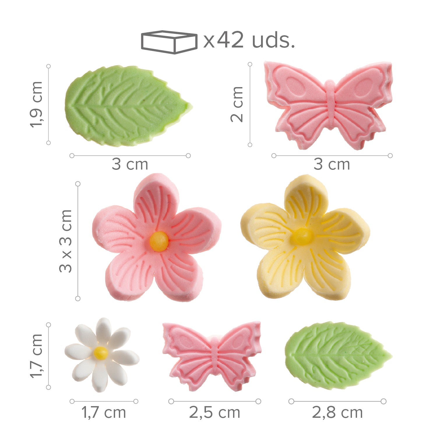 DECORACION AZUCAR FLORES, HOJAS Y MARIPOSAS 7 DISEÑOS 42 UDS