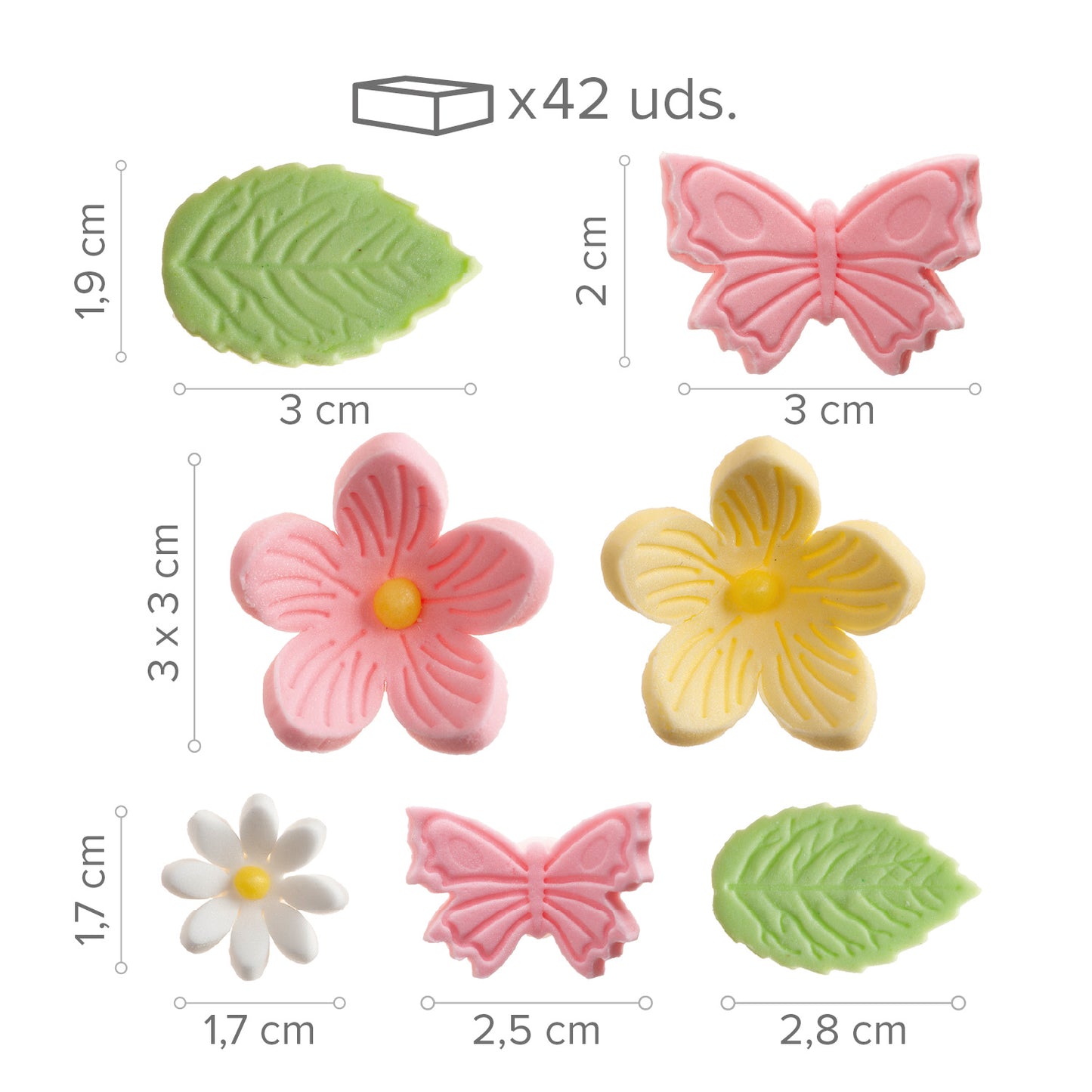 DECORACION AZUCAR FLORES, HOJAS Y MARIPOSAS 7 DISEÑOS 42 UDS