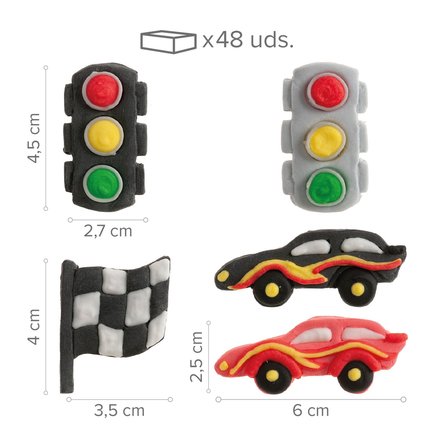SUGAR DECORATION RACE CARS 6 DESIGNS 48 PCS