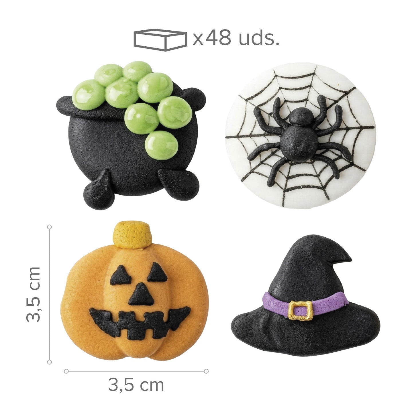 DECORAÇÃO DE AÇÚCAR 2D HALLOWEEN SORTIDO BRUXA E ARANHA 48 UNIDADES