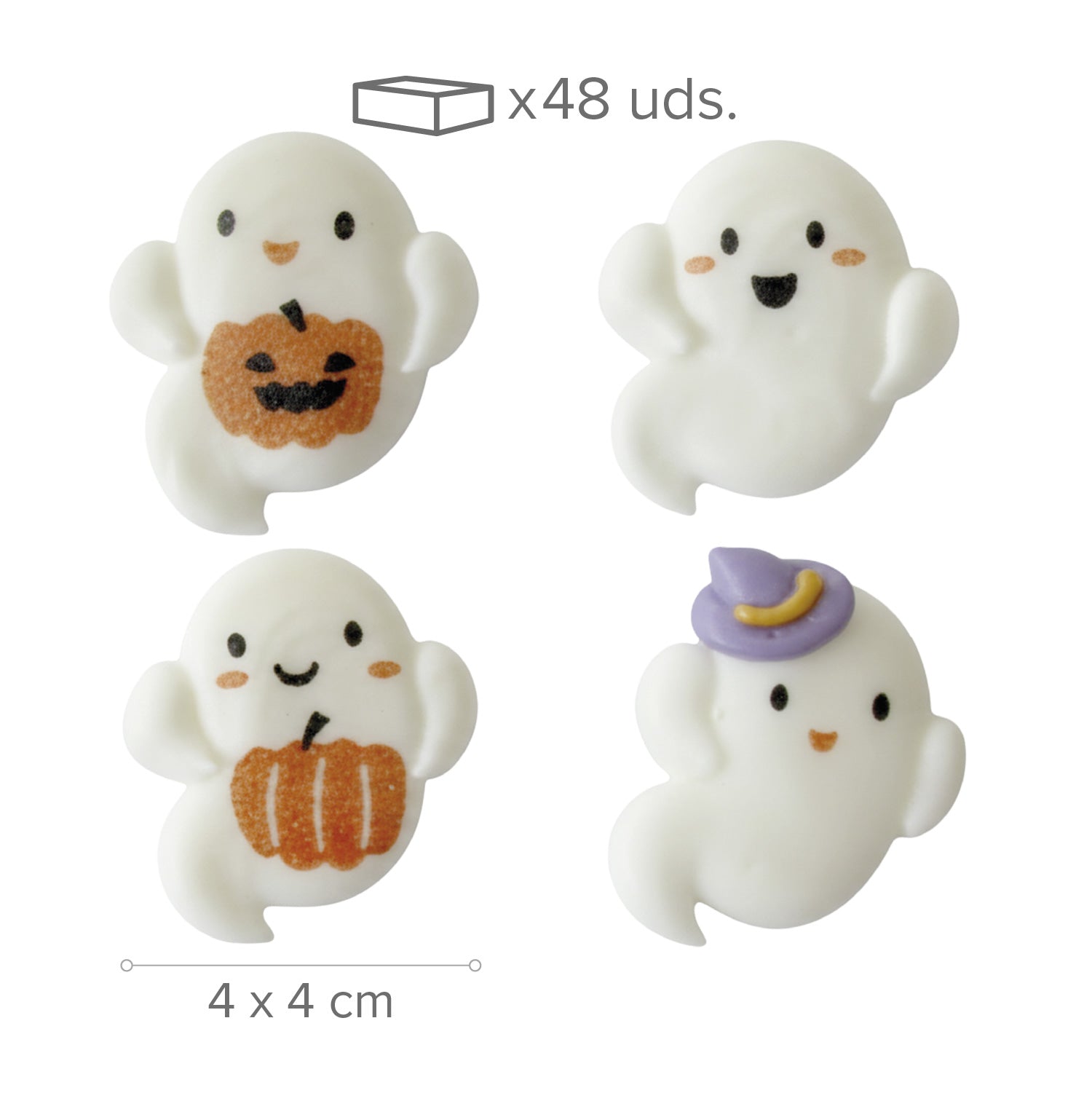 DECORACION AZUCAR 2D HALLOWEEN CUATRO FANTASMAS 48 UNIDADES