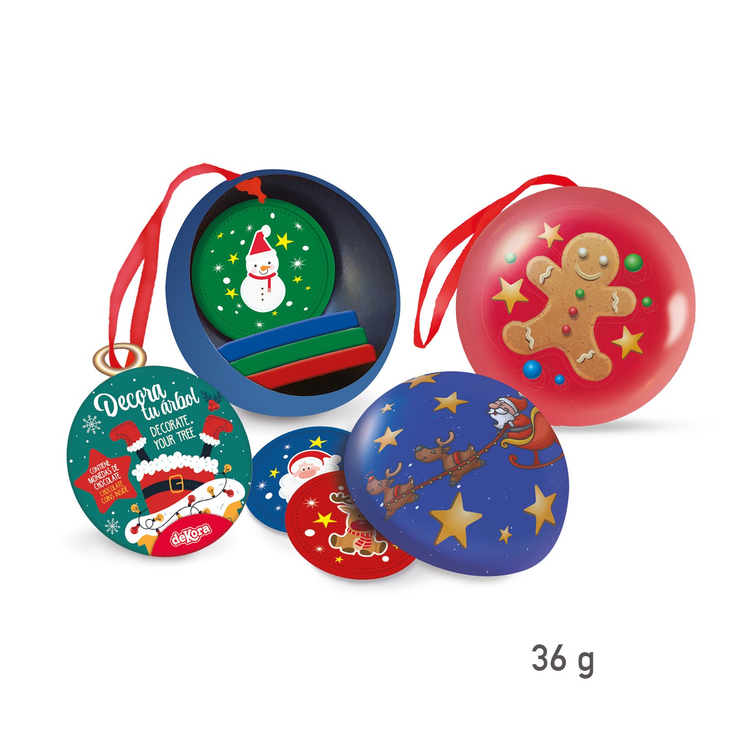 BOLITAS METÁLICAS CON MONEDAS DE CHOCOLATE 36GR