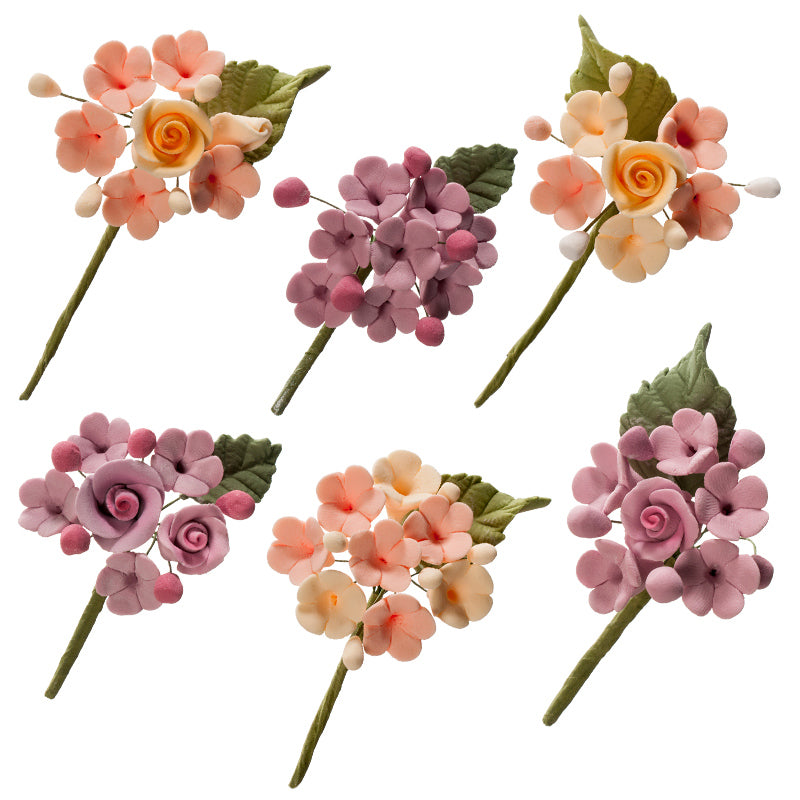 MINI RAMO DECORACION AZUCAR DE FLORES PASTEL&LILA 10,5CM