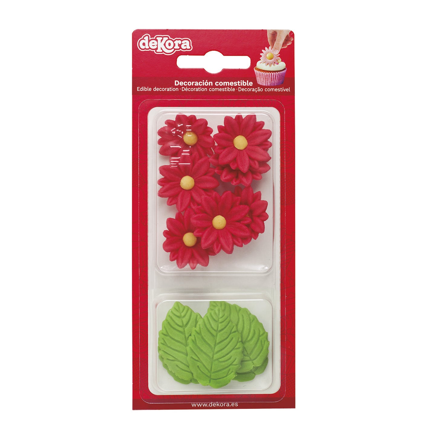 BLISTER SUCRE 7 MARGUERITES ROUGES ET 5 FEUILLES VERTES
