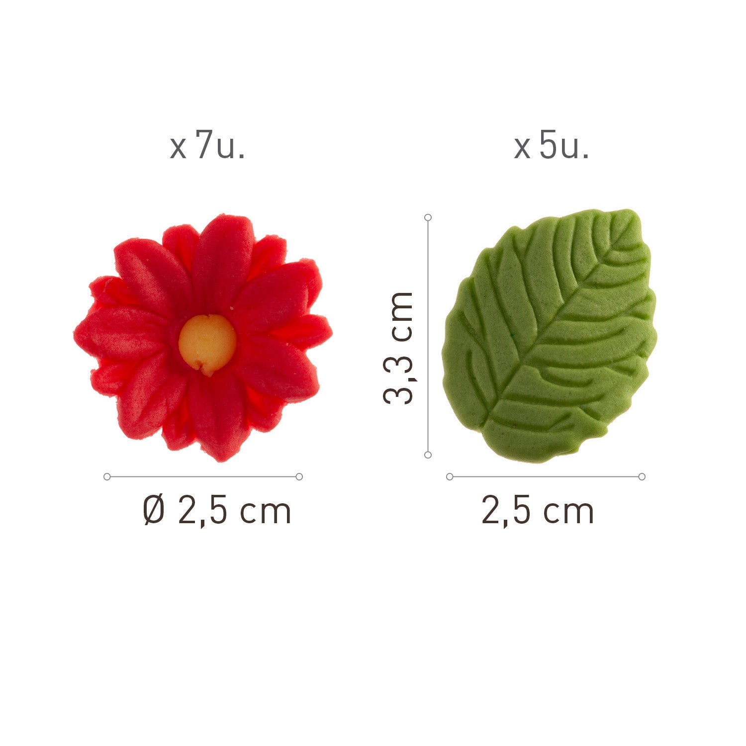 BLISTER SUCRE 7 MARGUERITES ROUGES ET 5 FEUILLES VERTES