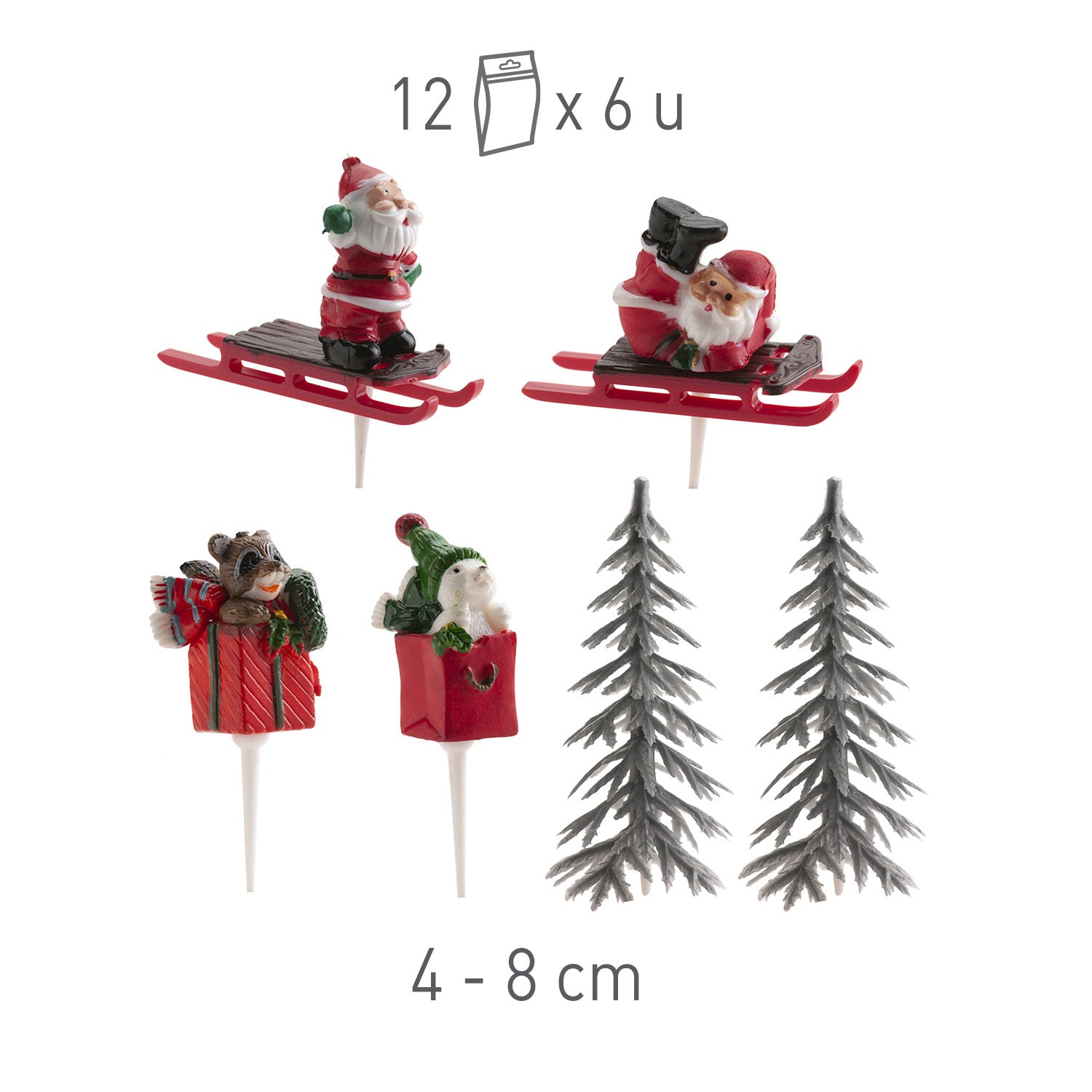 CAKE TOPPER FIGURA PLASTICO PINO PLATA, 6 UDS, 12 BOLSAS