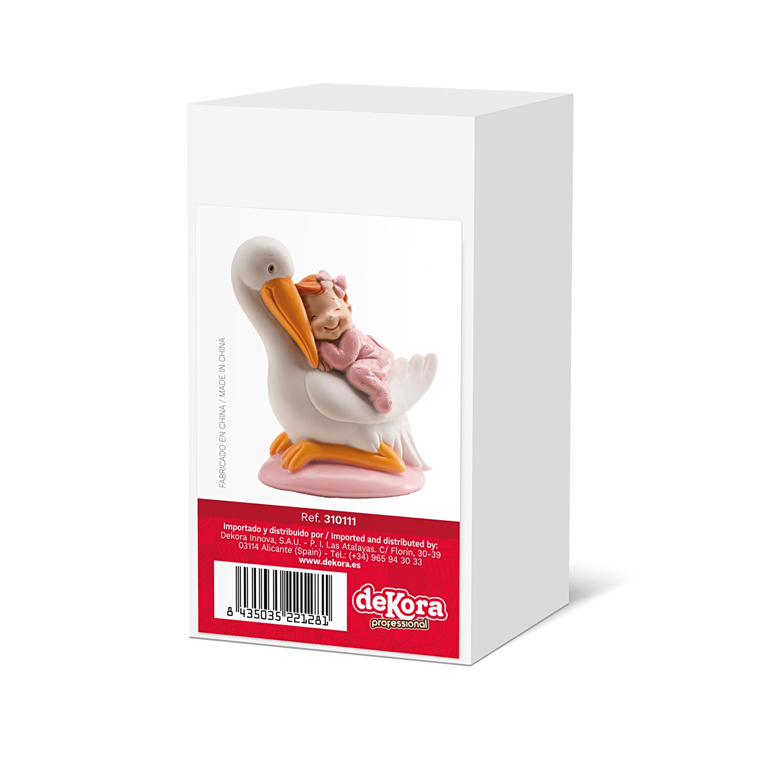 FIGURA PARA TARTA DE BAUTIZO CIGÜEÑA DORMIDA ROSA 10CM