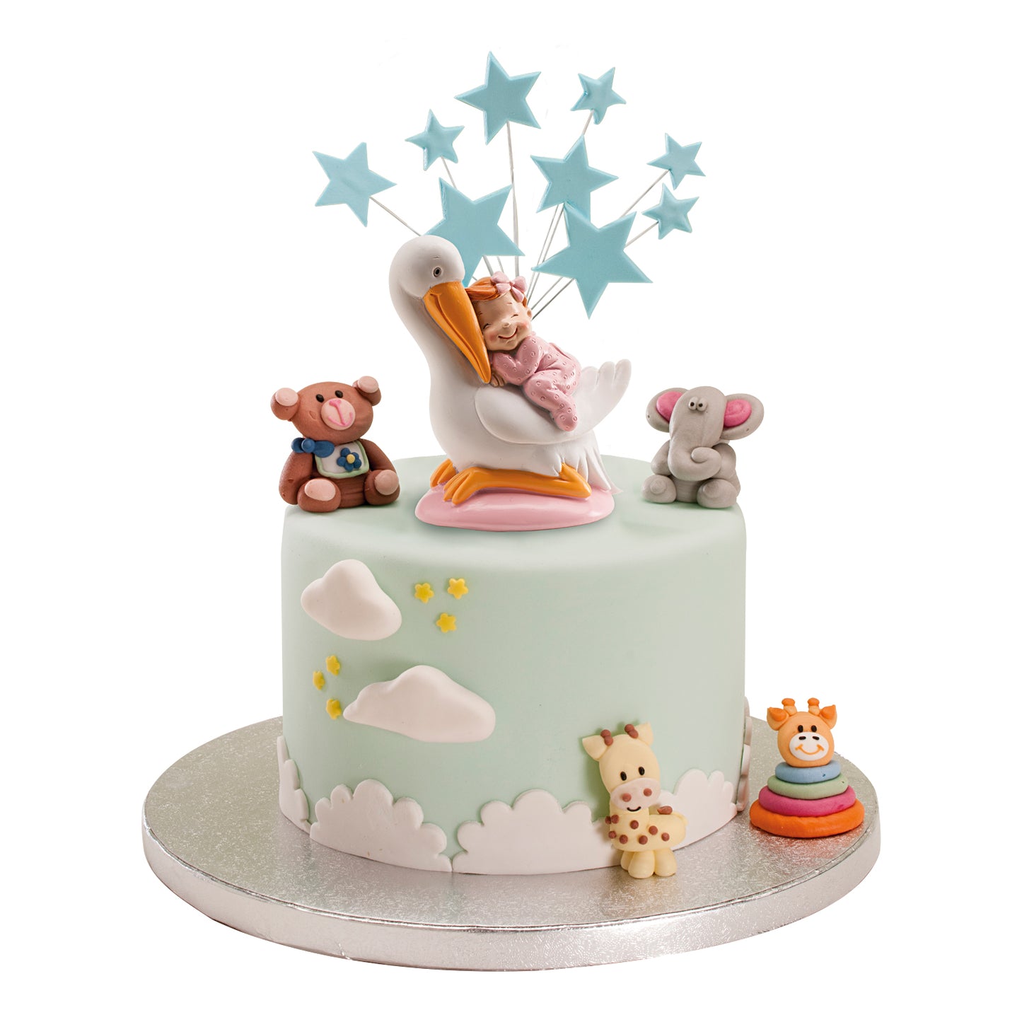 FIGURA PARA TARTA DE BAUTIZO CIGÜEÑA DORMIDA ROSA 10CM