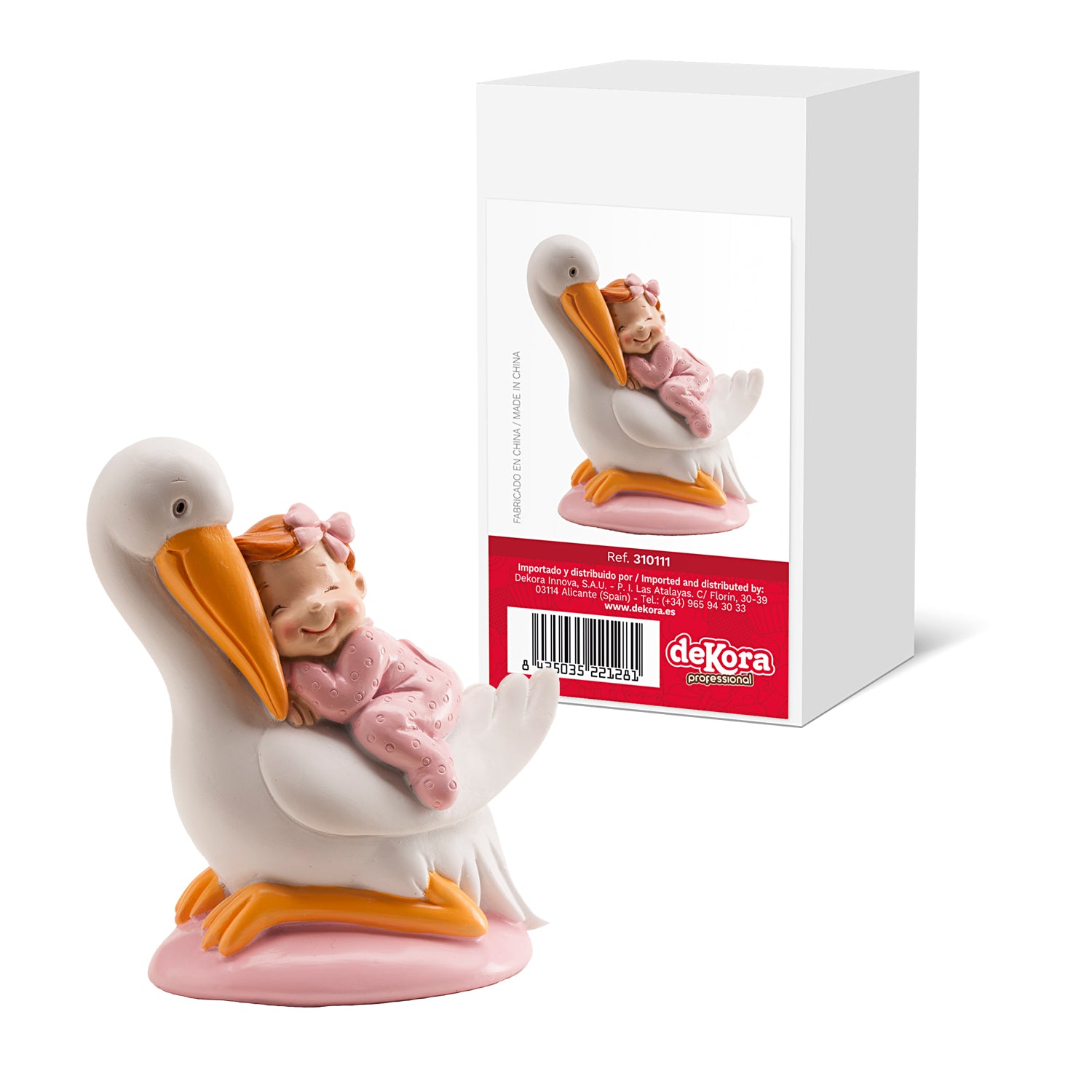 FIGURA PARA TARTA DE BAUTIZO CIGÜEÑA DORMIDA ROSA 10CM