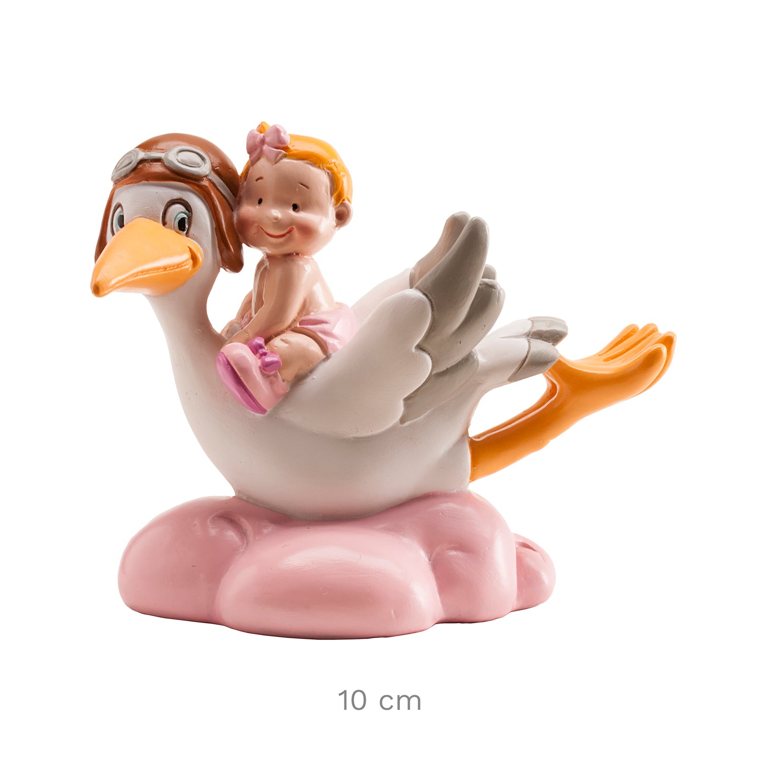 FIGURA PARA TARTA DE BAUTIZO CIGÜEÑA VOLANDO ROSA 10CM