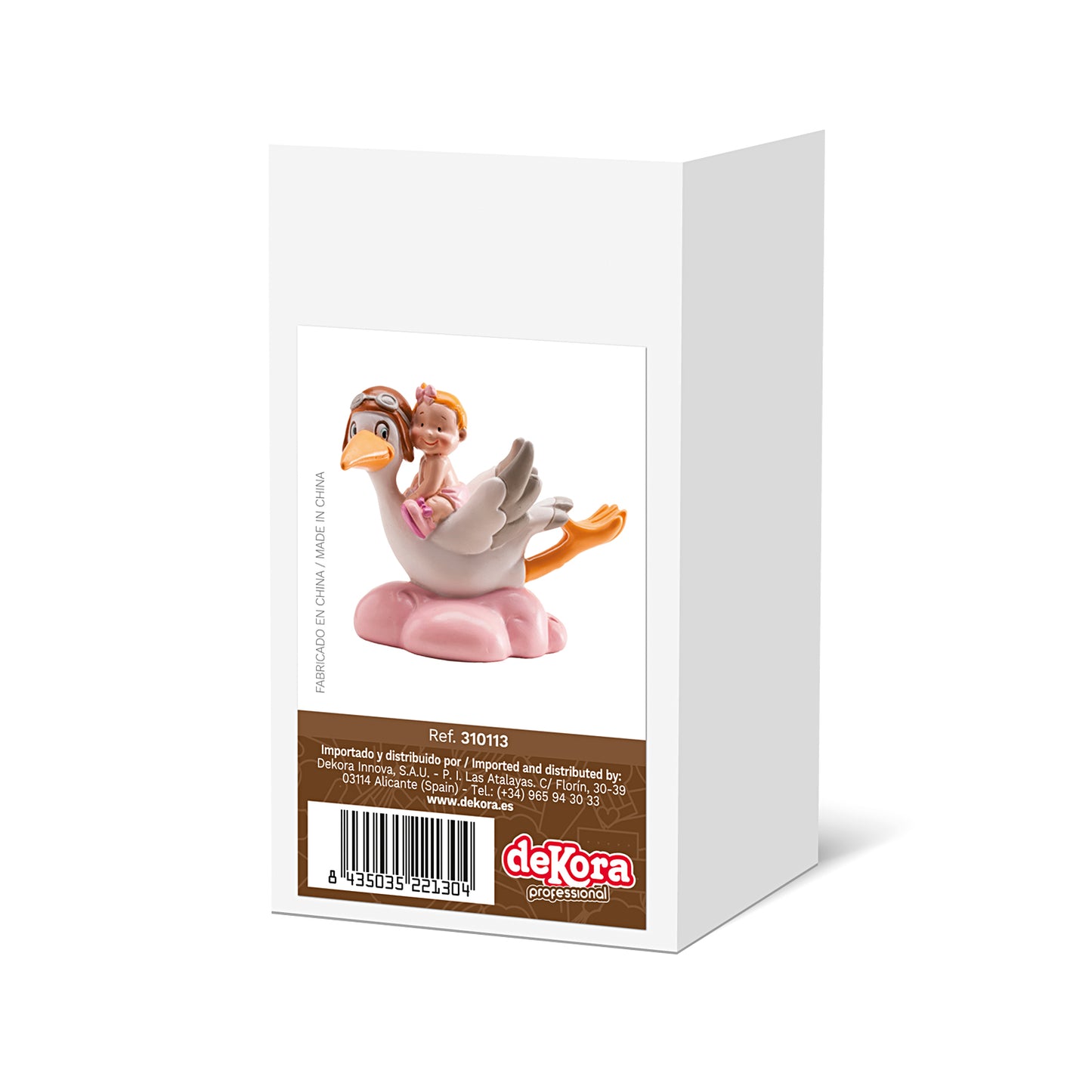 FIGURA PARA TARTA DE BAUTIZO CIGÜEÑA VOLANDO ROSA 10CM
