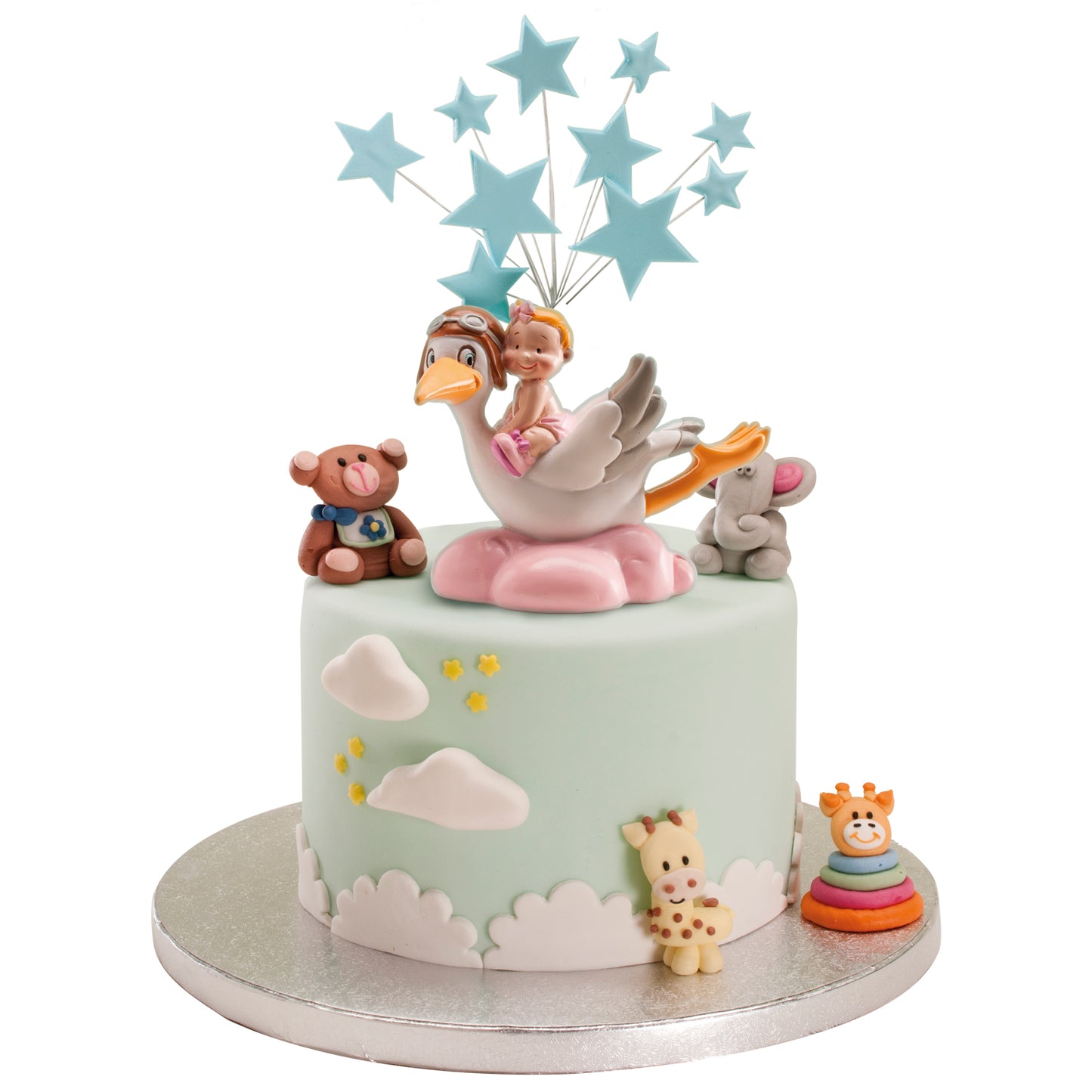 FIGURA PARA TARTA DE BAUTIZO CIGÜEÑA VOLANDO ROSA 10CM